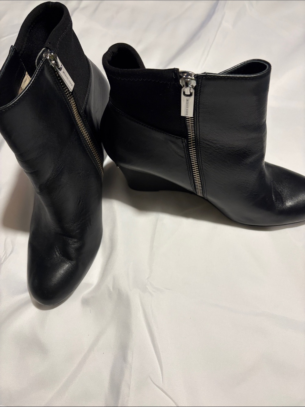Michael Kors Black Leather Wedge Ankle Booties with Silver Zip
